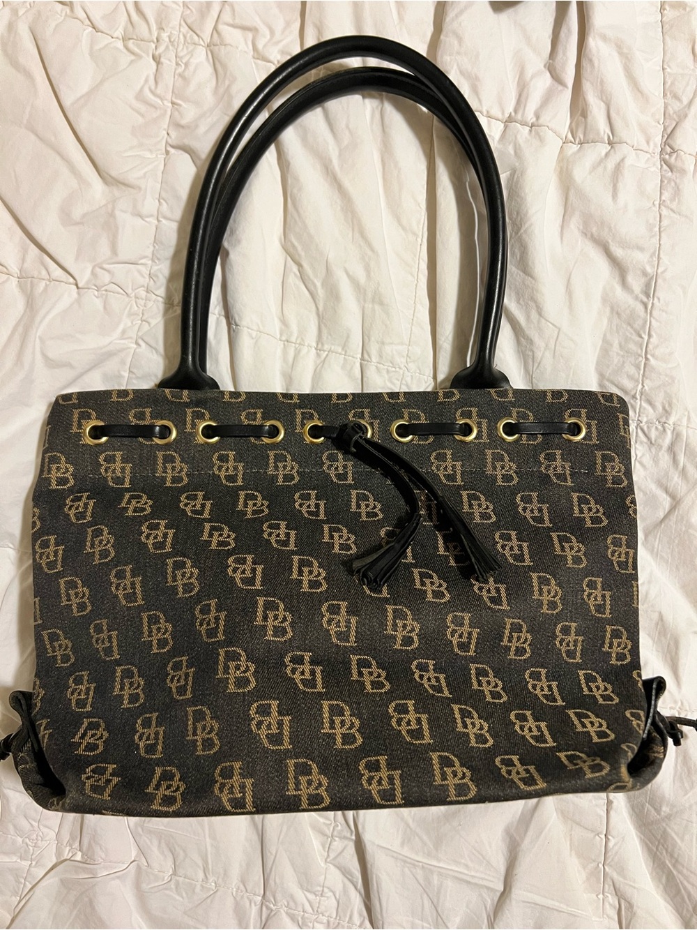 Dooney & Bourke Black and Tan DB Logo Drawstring Tote